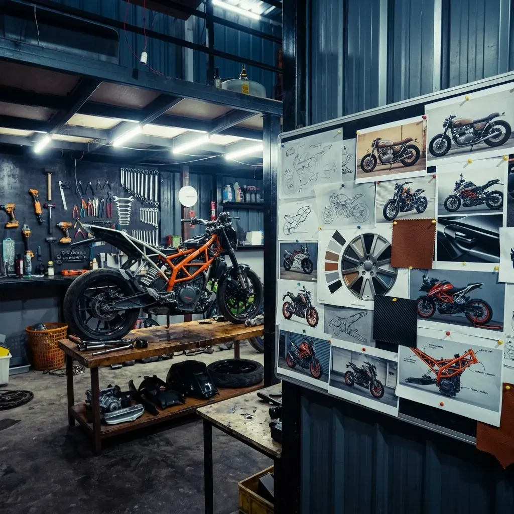 Motorcycle design mood board next to disassembled motorcycle