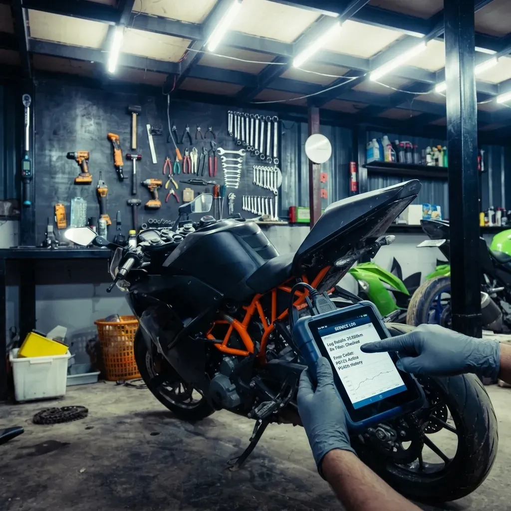 Mechanic reviewing service log on diagnostic scanner