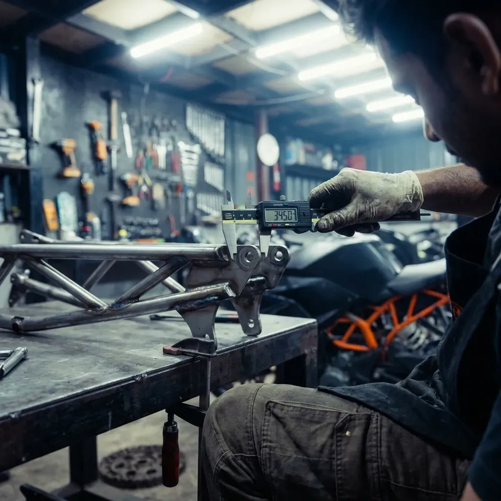 Mechanic measuring custom motorcycle subframe with digital calipers
