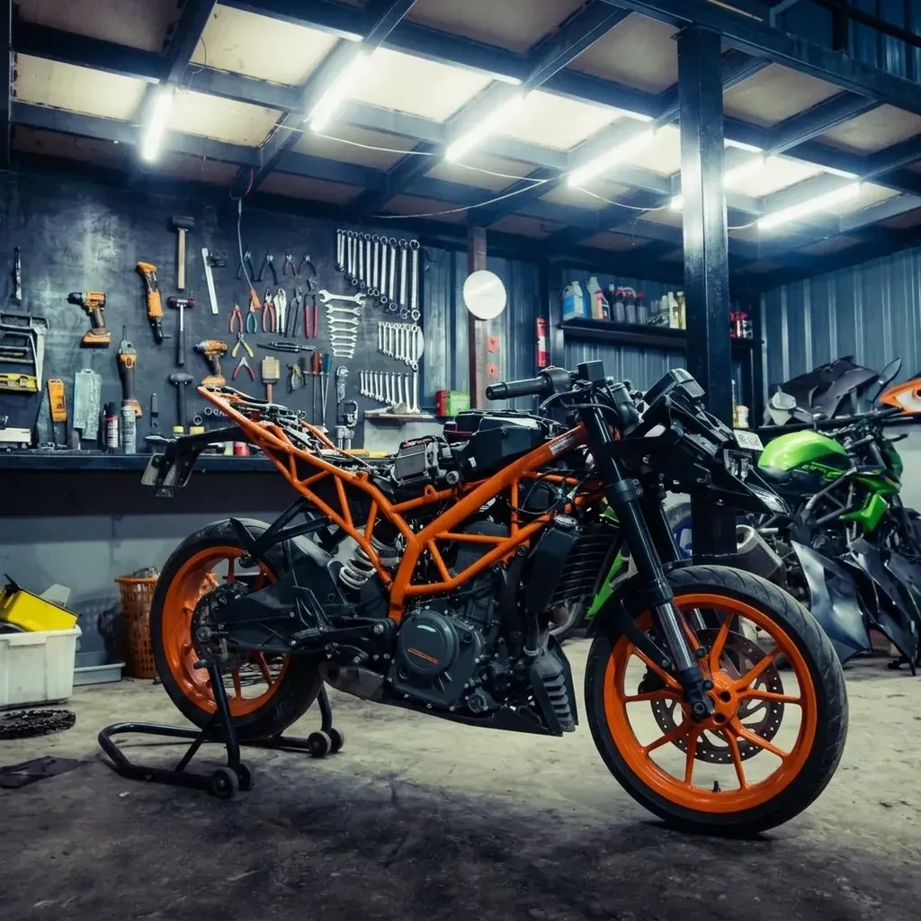 Sports motorcycle on paddock stand with clean engine access