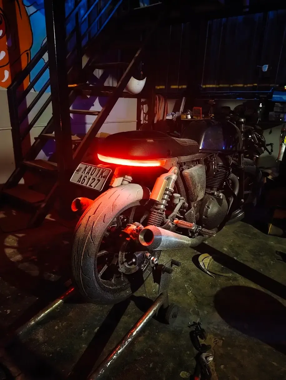 Custom cafe racer build with LED tail light strip in LS Customs workshop