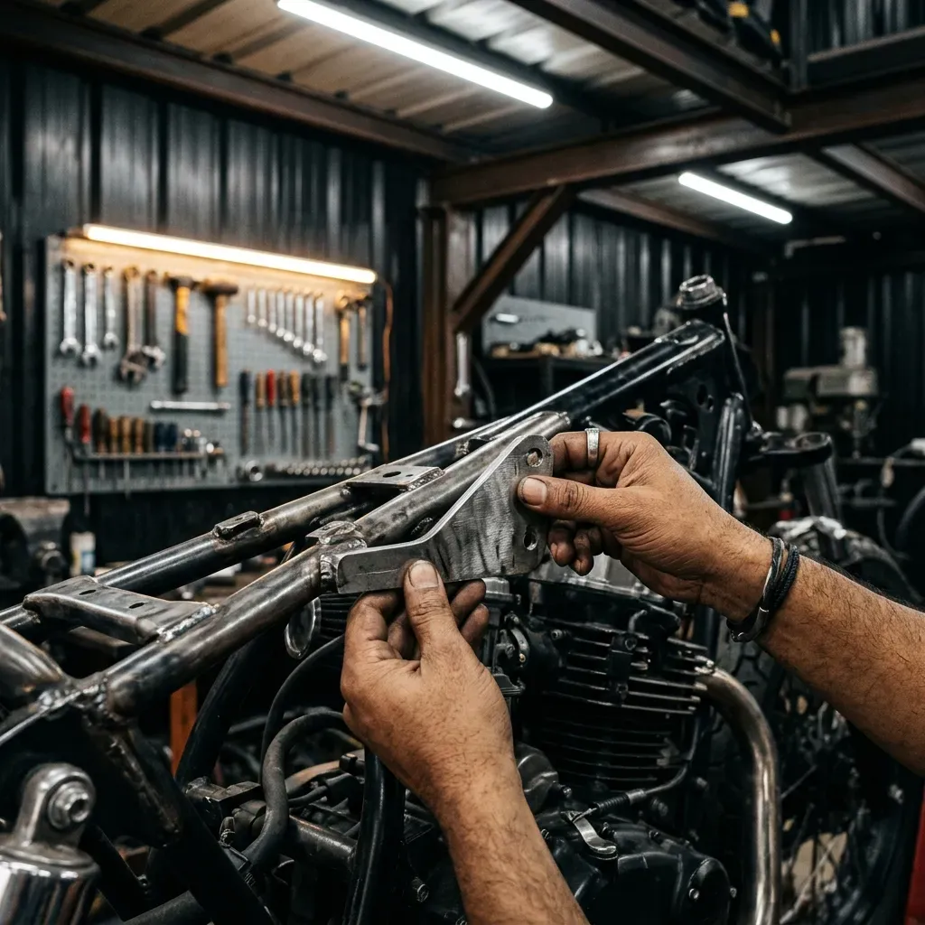 Mechanic holding a raw metal bracket against a motorcycle chassis to check clearances