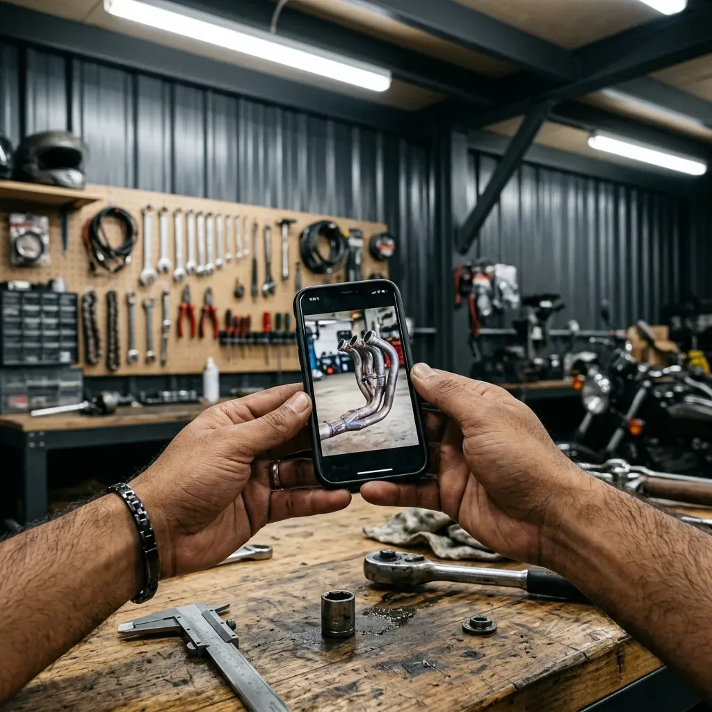 Mechanic holding smartphone showing motorcycle part reference photo