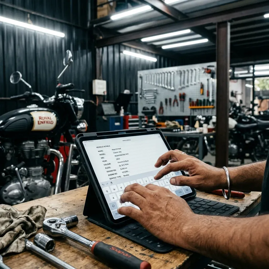 Mechanic typing motorcycle details on a digital tablet