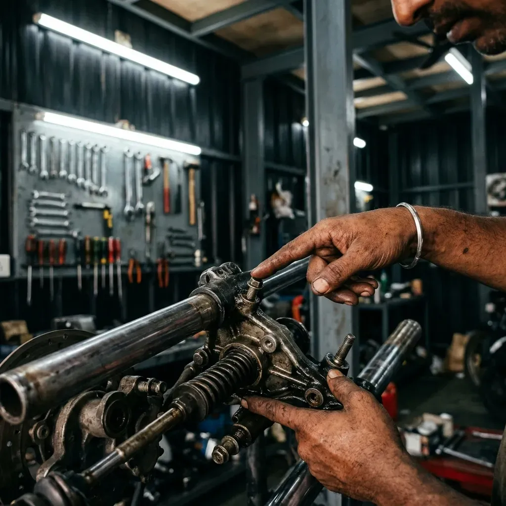 Mechanic pointing to a specific bolt on a disassembled motorcycle fork