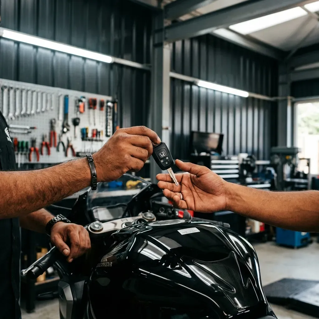 Exchanging motorcycle keys over a superbike fuel tank