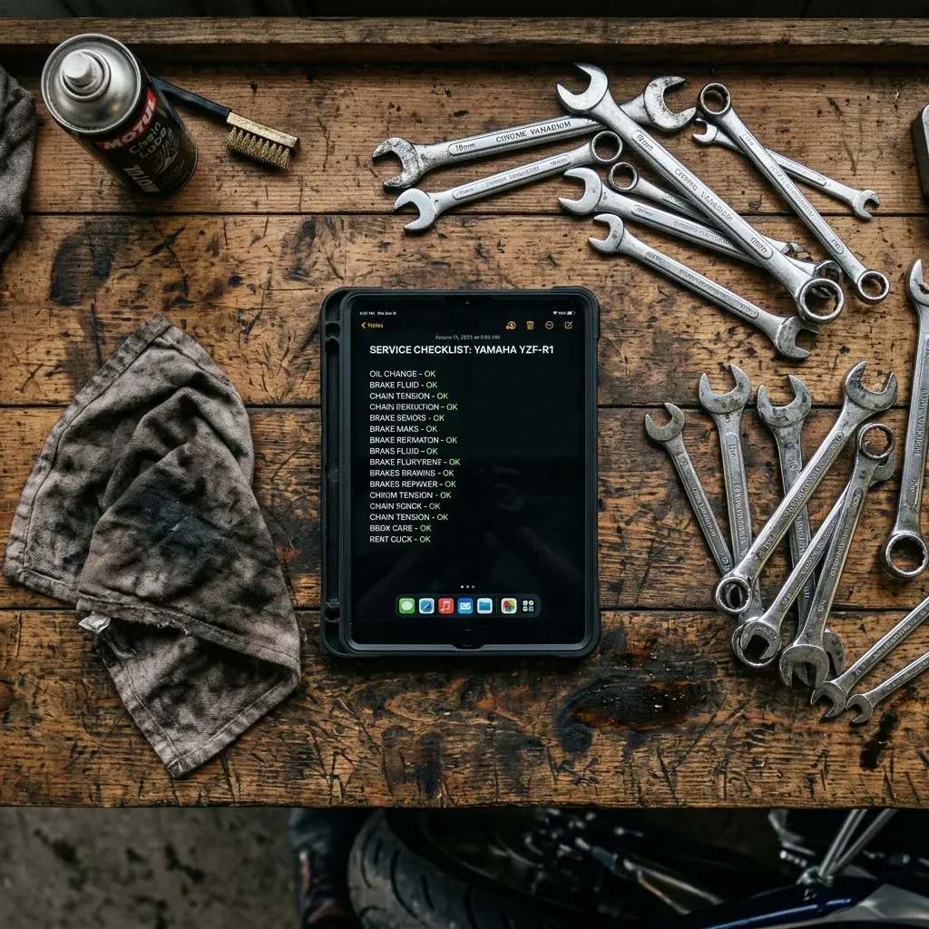 Digital service checklist on an iPad resting on a motorcycle seat