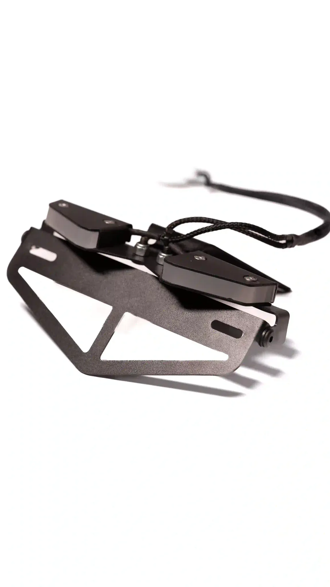 Black LS Customs Split integrated-indicator tail tidy with two LED pods and number plate bracket