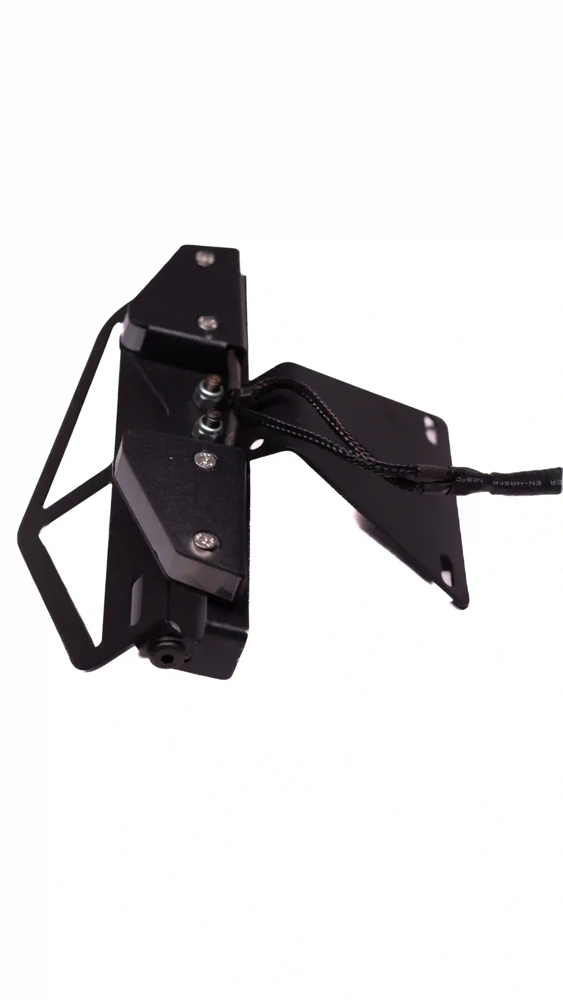 Top view of Split tail tidy showing dual LED pods, braided wiring and motorcycle mounting plate