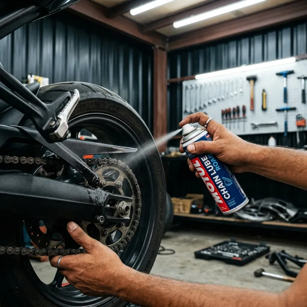 Mechanic applying chain lube to motorcycle drive chain