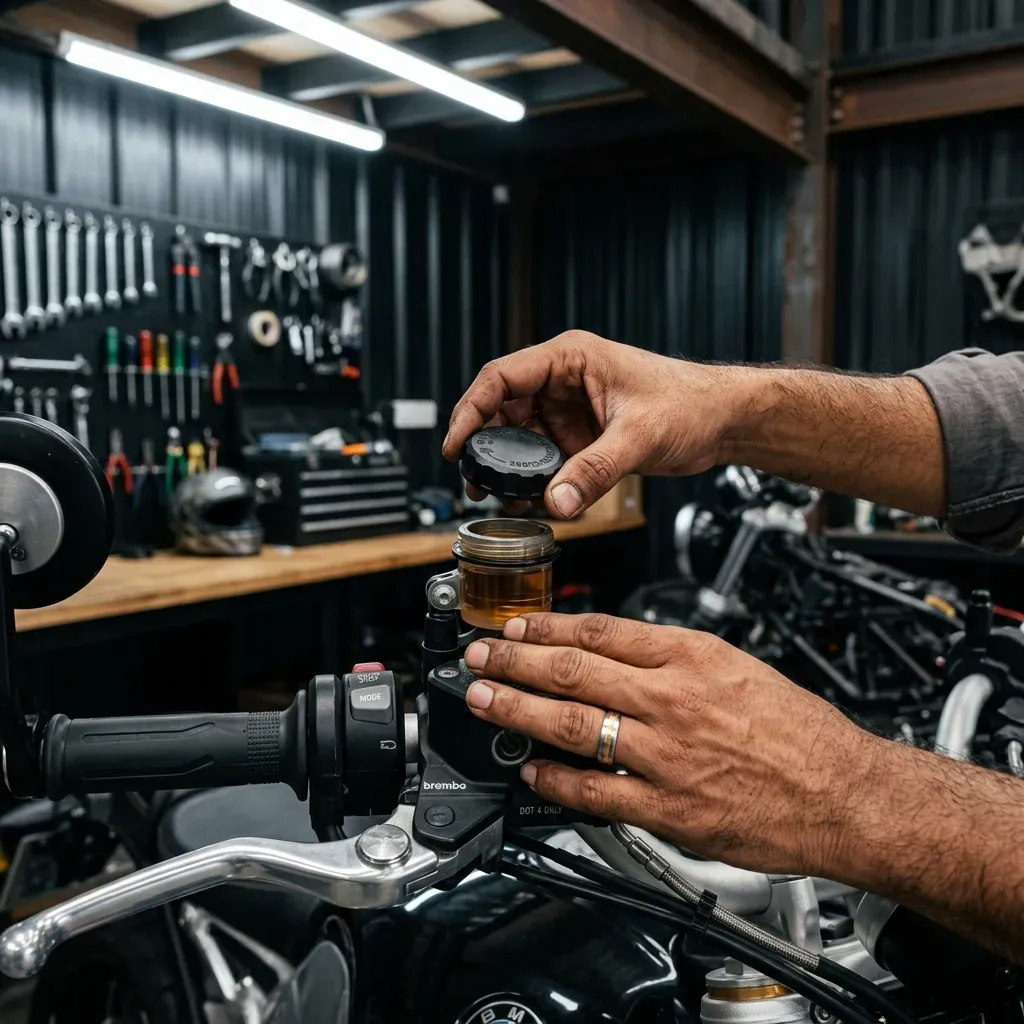 Mechanic inspecting motorcycle brake fluid reservoir