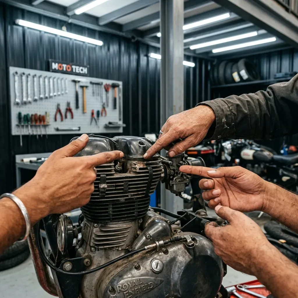 Mechanic pointing to motorcycle engine block to discuss mechanical concerns