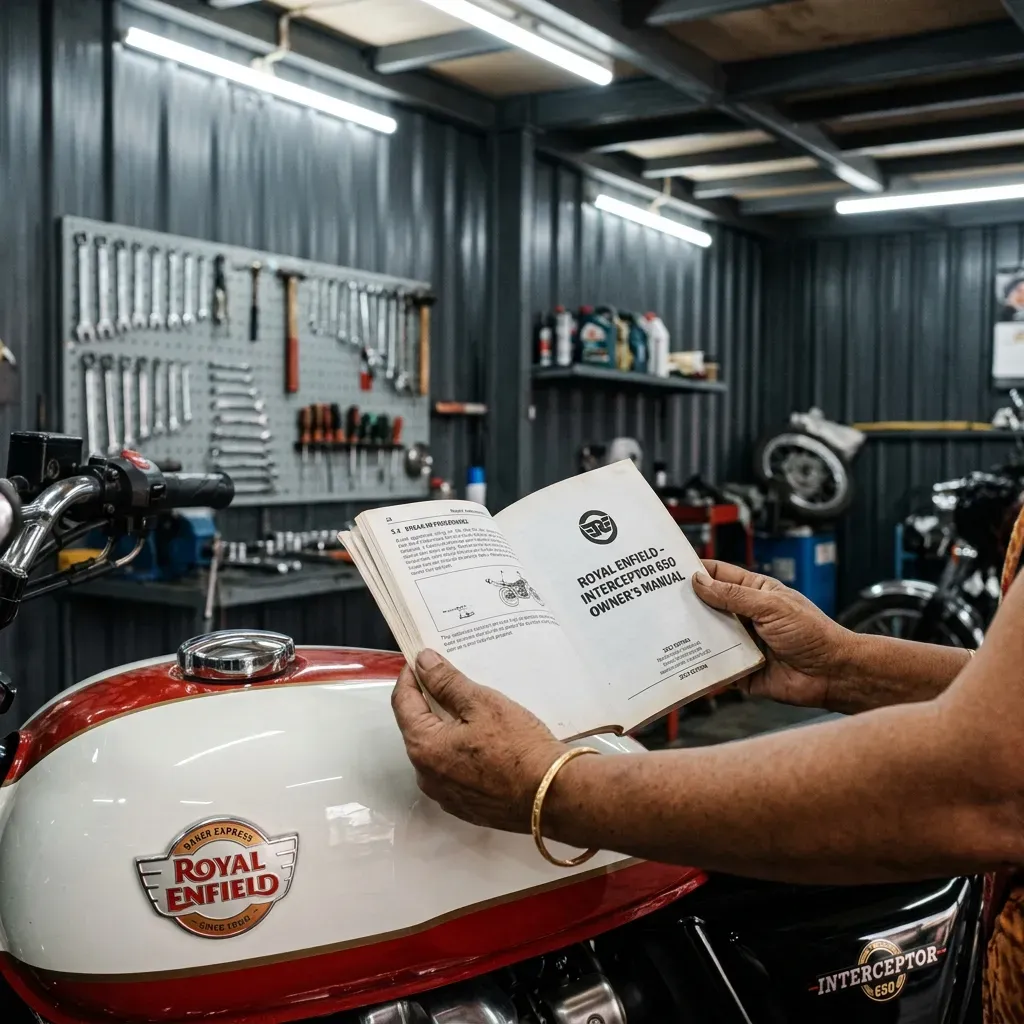 Mechanic reviewing motorcycle owner manual next to fuel tank