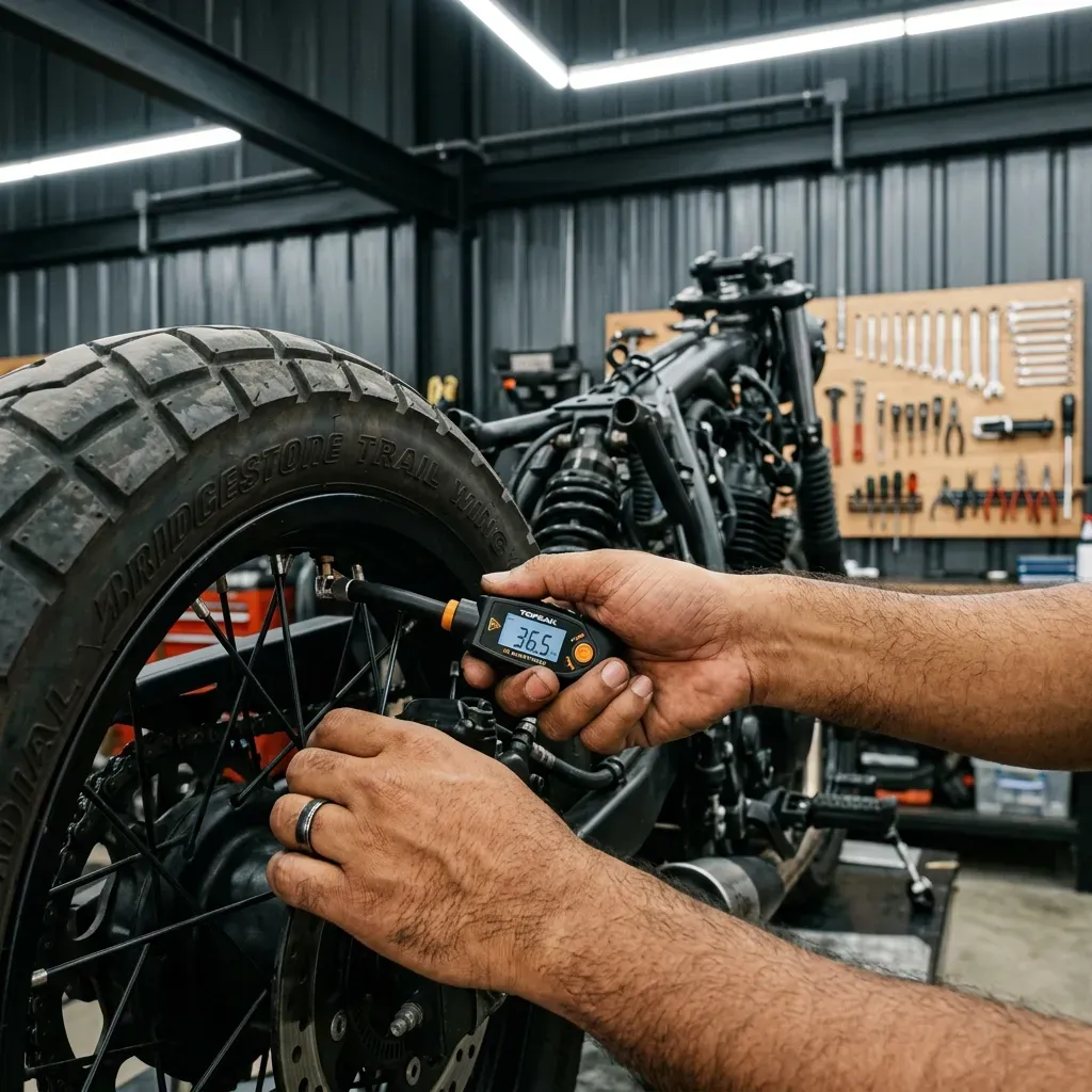 Mechanic checking motorcycle tyre pressure with digital gauge