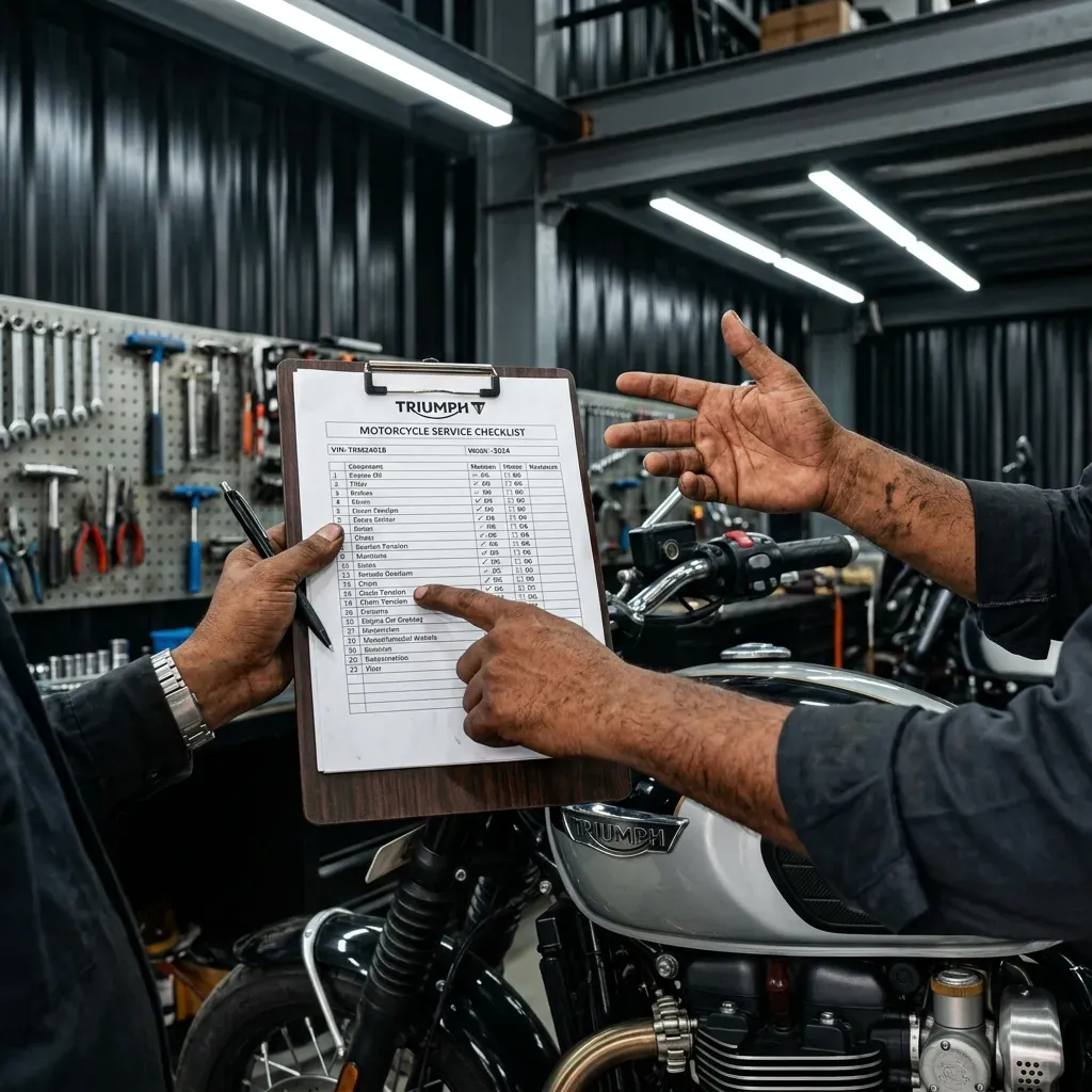 Mechanic explaining motorcycle service checklist
