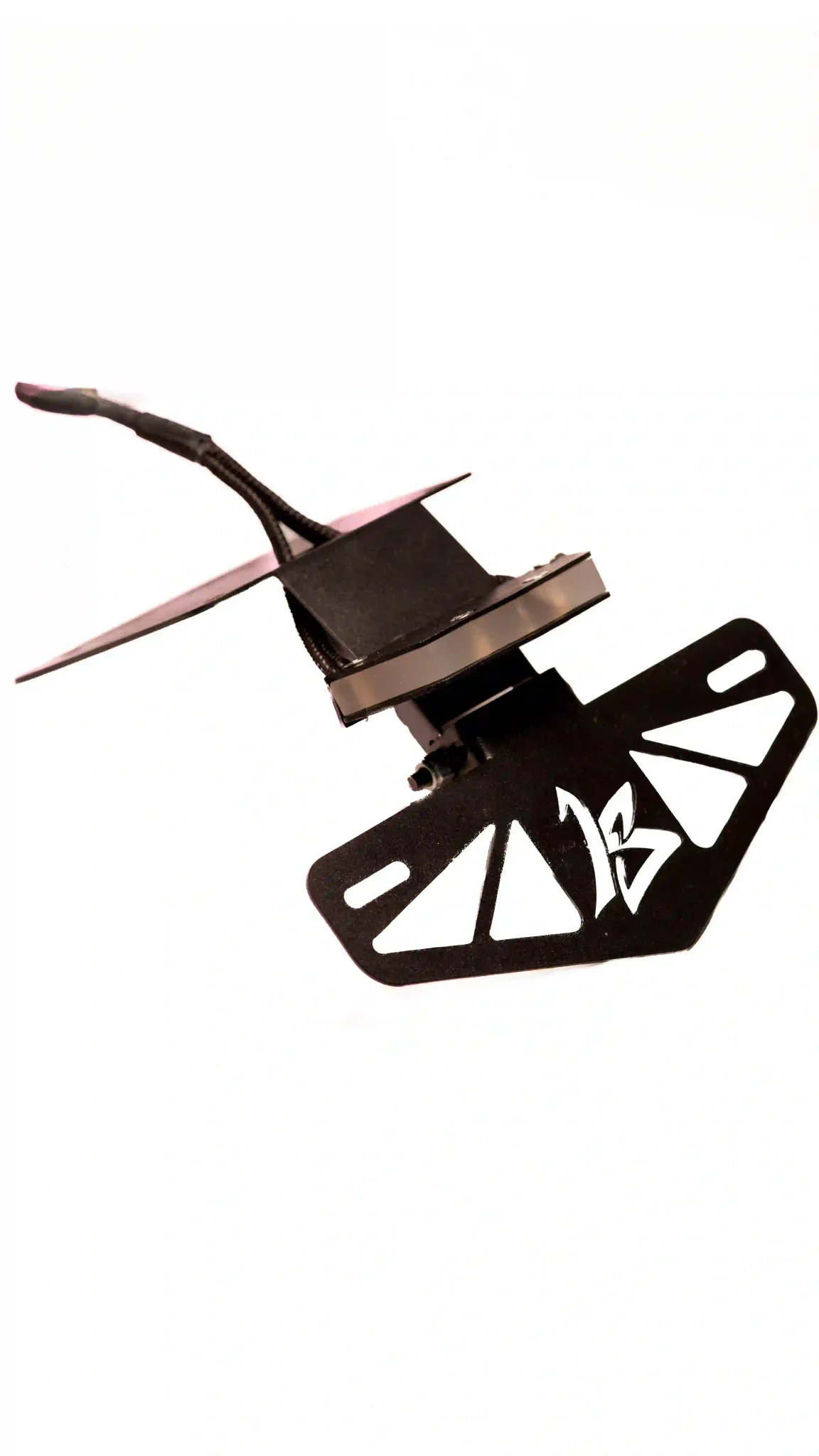 Front view of black Unibrow tail tidy with continuous LED strip and LS Customs number plate bracket